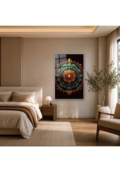 Işıltılı Turkuaz Kabartma Mandala Gümüş Çerçeveli Cam Tablo