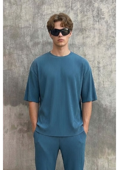 Fitilli Oversize Tişört İndigo