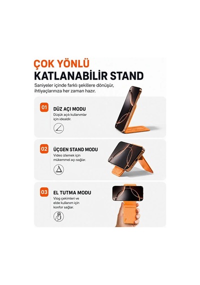 Magsafe Cüzdan Kartlık Güçlü Manyetik 360 Döner Standlı Telefon Kartlığı İphone Uyumlu Deri Cüzdan Turuncu-14909