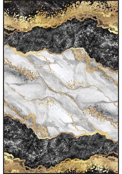 Siyah Gold Kaymaz Mermer Desen Özel Ölçü Rulo Yolluk Ar263n11 Siyah - Gold