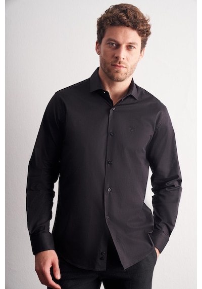 İmza Siyah Yarım İtalyan Yaka Uzun Kol Slim Fit Pamuklu Gömlek 1004255189 Siyah