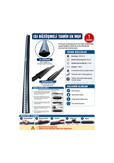 Tamflex 38mm/12mm 1mt Fermuarlı Yer Altı Kablo İçin Isı Büzüşmeli Tamir Ek Muf Borusu 4x6 - 4x10 Ara