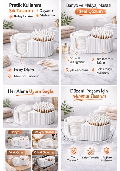 Pamuk Ped Ve Pamuklu Çubuk Organizer 2 Bölmeli Makyaj Düzenleyici Şık Ve Modern Masaüstü Çok Renkli