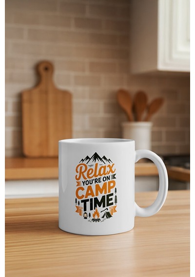 Relax You Re On Camp Time Kupa Kamp Temalı Porselen Kahve Kupası 330 Ml Beyaz