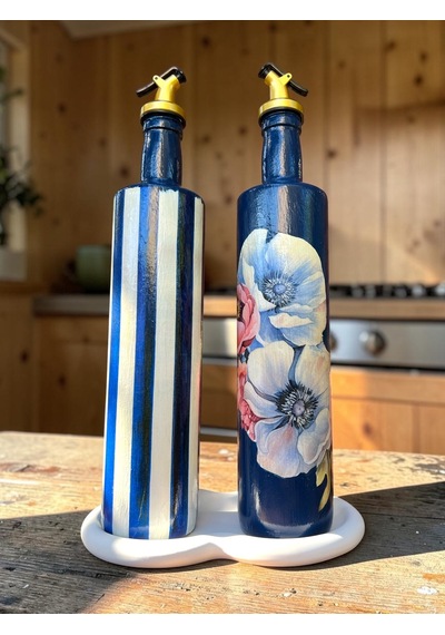 750 Ml Büyük Boy El Yapımı Cam Yağdanlık Sirkelik 2'li Set Çiçek Desenli Ve Çizgili Dekoratif Zeyt Mavi Ve Beyaz