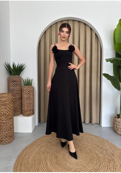De'charme Matilda Gül İp Askılı Elbise Siyah