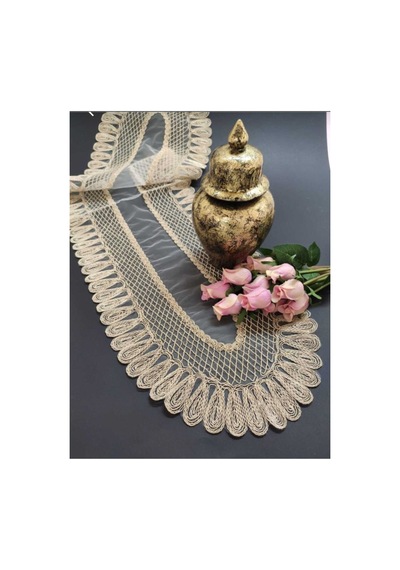 Kadife Detaylı Bej Runner 120x30cm Diğer