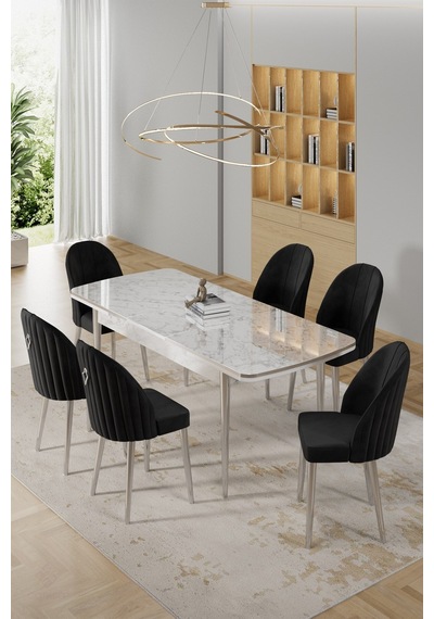 Canisa Rada Serisi 80x132 Açılabilir Lak Panel Beyaz Mermer Desen Masa 6 Siyah Sandalye Krom Detay Masa Beyaz Mermer Desen Sandalye Siyah Canisa Rada Serisi 80x132 Açılabilir Lak Panel Beyaz Mermer Desen Masa 6 Siyah Sandalye Krom Detay Masa Beyaz Mermer Desen Sandalye Siyah