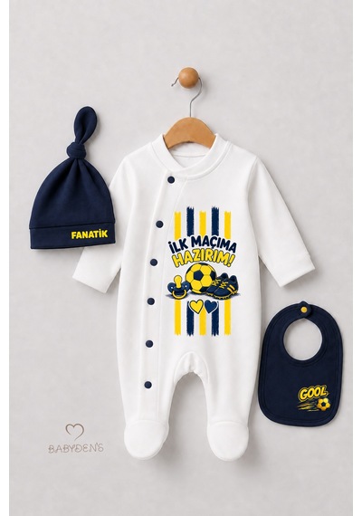 Babyden's Bebek 3 Lü Tulum Seti Sarı Lacivert Taraftar Temalı İlk Maçıma Hazırım Baskılı Yenidoğan Tulum Bere Önlük %100 Pamuk