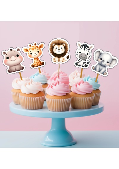 15adet Safari Orman Hayvanları Konsept Cupcake Kürdanı Pasta Kürd