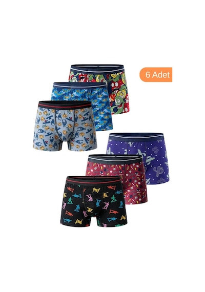Trendybee Erkek Çocuk Eğlenceli Desenli Esnek Penye Pamuklu Boxer 6'lı Set Desenli-1 Desenli-1