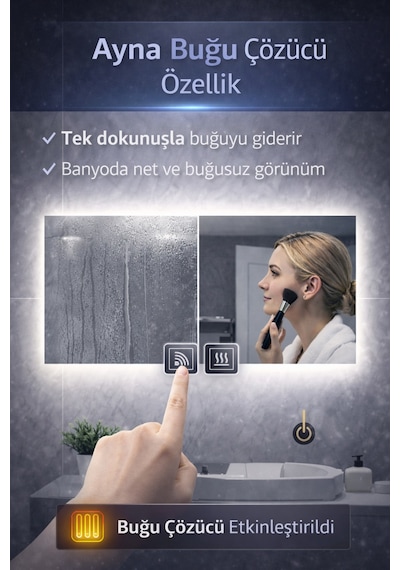 Digital Hayat Buğu Çözücü Dokunmatik Dimlenebilir Dikdörtgen Ayna Mavi Işıklı Led Dekoratif Banyo Makyaj Aynası Yatay Ve Dikey Kullanım Mavi