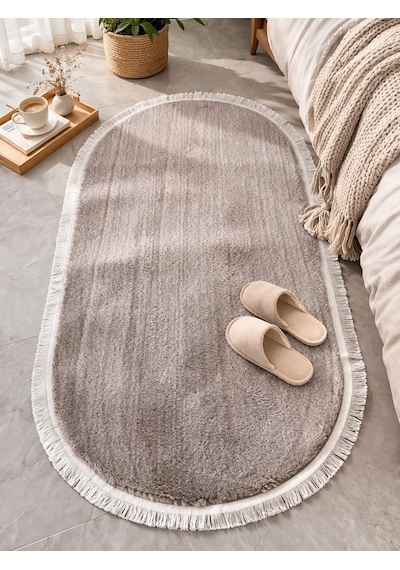 Melena Carpet Yumuşak Peluş Yolluk Kaymaz Taban Oval Paspas Banyo Mutfak Modern Halı Kahverengi