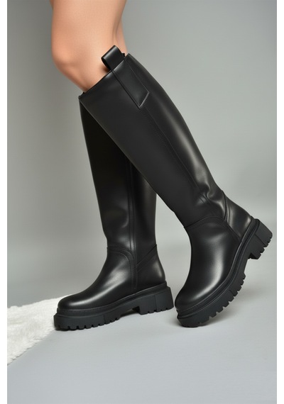 Fox Shoes V973222209 Siyah Cilt Kalın Tabanlı Kadın Binici Çizmesi Siyah Mat