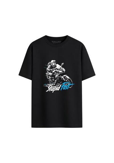 Black Nova Oversize Baskılı Unisex %100 Pamuk T-shirt Stupid Fast Siyah