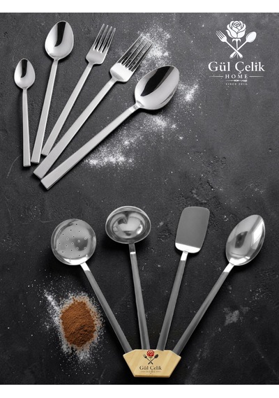 34 Parça 6 Kişilik Çelik Düz Çatal Kaşık Ve Servis Seti 18/0 Parlak Çelik
