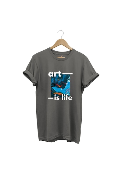Sanatsal Renkli Tasarım Baskılı Art İs Life Yazılı %100 Pamuk Regular Fit Unisex T-shirt Gri