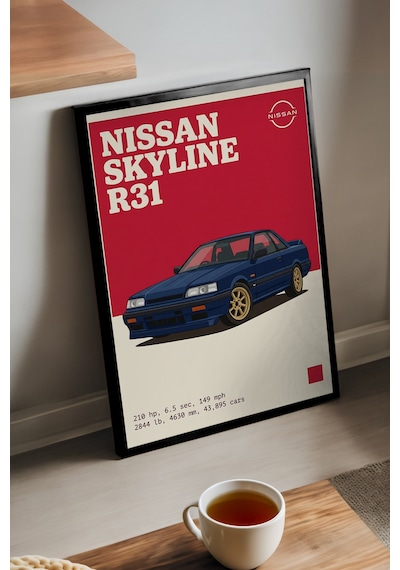 Nissan Skyline R31 Sport Siyah Ahşap Çerçeveli Poster, Dekoratif Araba Duvar Tablosu