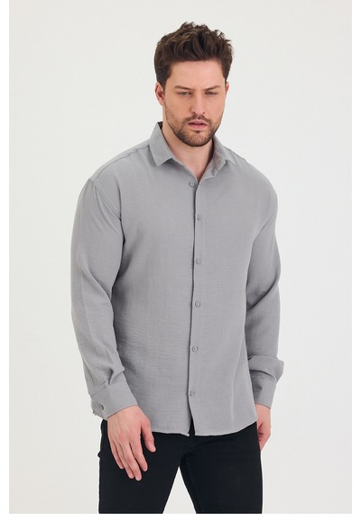 Cool Tarz Erkek Slim Fit Dar Kalıp Uzun Kol Pamuklu Keten Efekt Gömlek Gri Gri