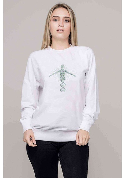 Yeşil Ve Mavi Insan Dna Sanat Baskılı Beyaz Kadın Sweatshirt