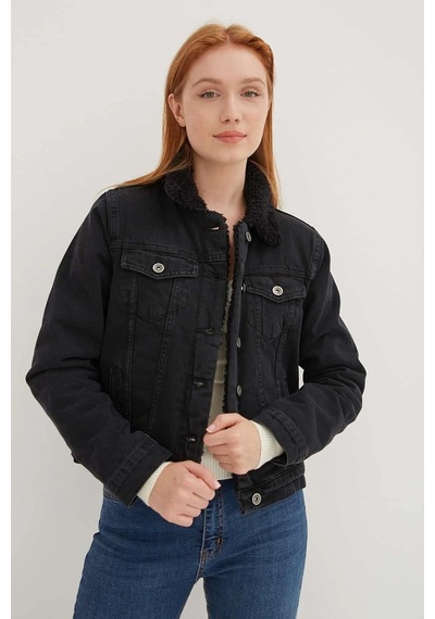 Fashion Frends İçi Kürklü Denim Ceket Siyah