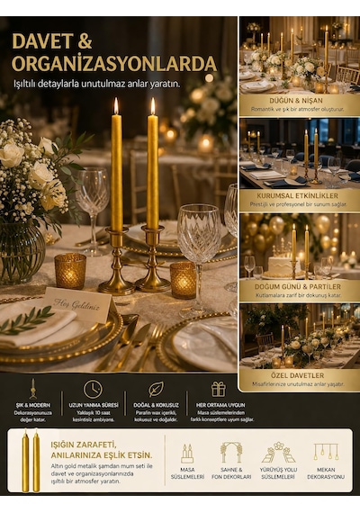 2'li Altın Gold Metalik Şamdan Mum Seti 25 Cm Dekoratif İnce Şamdan Mum, Kokusuz Parafin Wax,%100 Pamuk Fitil, E Çok Renkli