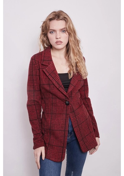 Ekose Desenli Yakalı Uzun Kol Tek Düğme Yünlü Kumaş Blazer Ceket-bordo Ekose Bordo Eks.