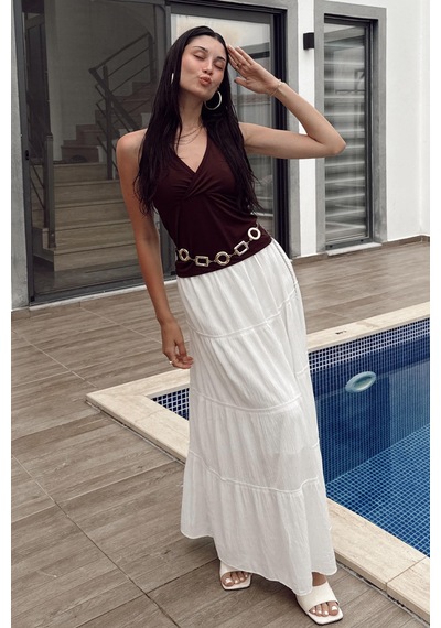 Seeh Beyaz Basic Uzun Pileli Etek Sh159