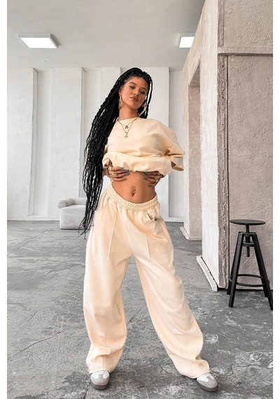 Krem Cozy Premium Pileli Baggy Eşofman Krem