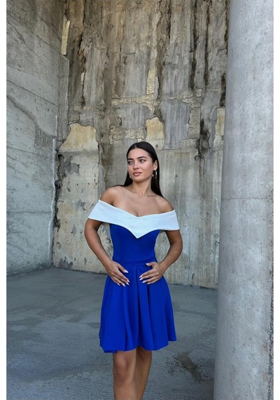 DefyModa Kadın Klasik V Yaka Pile Detaylı Mini Abiye Elbise Saks