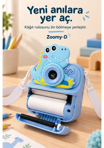 Kj/zm-002 Zoomy-d Dinozor Figürlü Anında Baskılı Çocuk Fotoğraf Makinesi, Çift Kamera, 2,4 İnç Ekran, 1080p Video, 3+ Yaş Mavi
