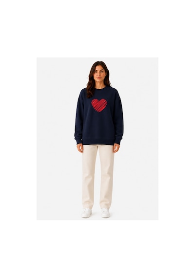 Herkesemoda Kırmızı Kalp Baskı Detaylı Şardonlu 2 İplik Bisiklet Yaka Sweatshirt Lacivert