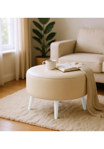 Waterybrook Suni Deri Puf Large - Beyaz Ahşap Ayaklı - Retro Modern Tasarım - Dekoratif Sehpa Krem
