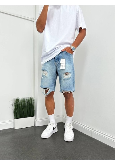 Kaizer Denim Boyfriend Yırtık Detaylı Baskılı Kot Kapri Şort Mavi