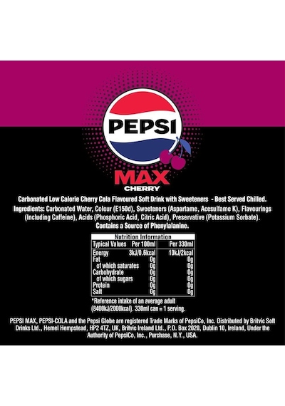 Pepsi Max Cherry No Sugar - Kiraz Ve Kola Aromalı Şekersiz Gazlı İçecek