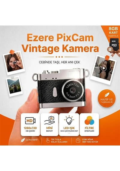 Ezere Pixcam Vintage Taşınabilir Mini Dijital Kamera Selfie Video Vlog Kamerası Mini Anahtarlık 1080p- 5775