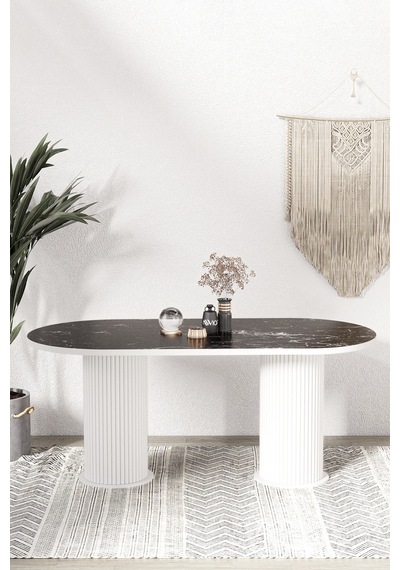 Avvio Kiev Ptt Lake Mdf Beyaz Ayakli 80x180 Mutfak Masasi Yemek Masasi Siyah Mermer