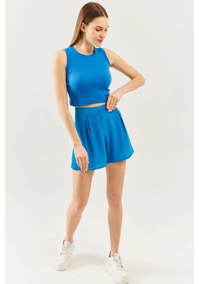 Butikgiz Kadın Sıfır Kol Bisiklet Yaka Vücuda Oturan %100 Pamuklu Kaşkorse Esnek Crop Bluz Parlament/indigo