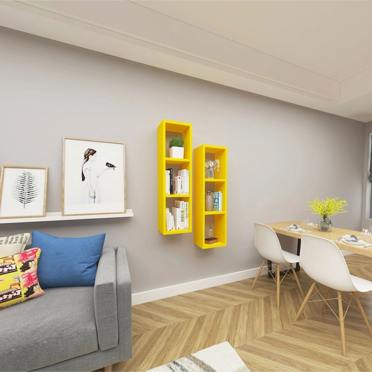 Kitaplık Salon Duvar Rafı Çapraz Ikili Mobilya Takım Sarı Sarı