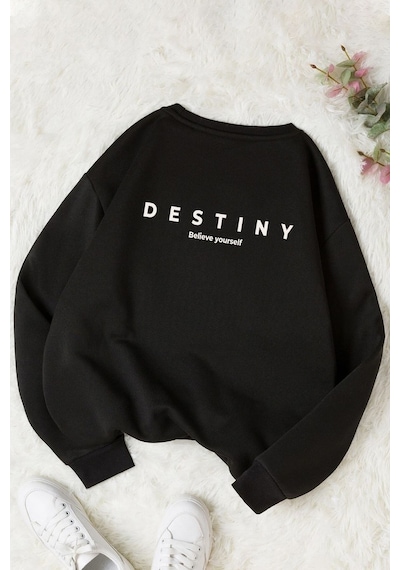 Unisex Destiny Baskılı Bisiklet Yaka Sweatshirt Siyah