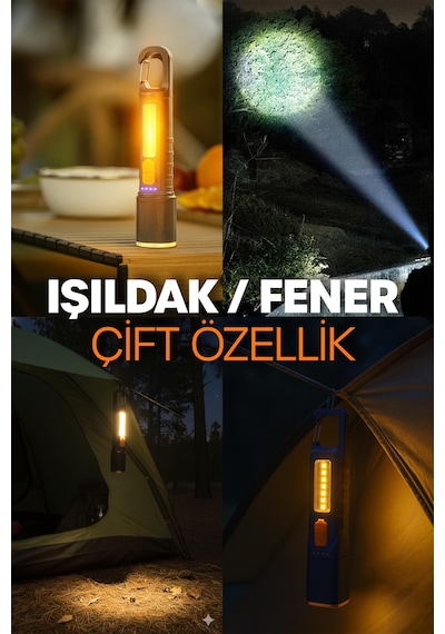 Şarjlı El Feneri 6 Mod Karabina Askılı Çakarlı Cob Led Kamp Lambası Acil Durum Işığı Mavi 7170 Mavi