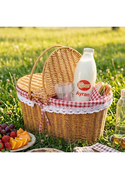 Porsima Pbt-921 Oval Form Nostaljik Piknik Sepeti - Pötikare Astarlı Çift Kapaklı Hasır Görünümlü Kamp Sepeti