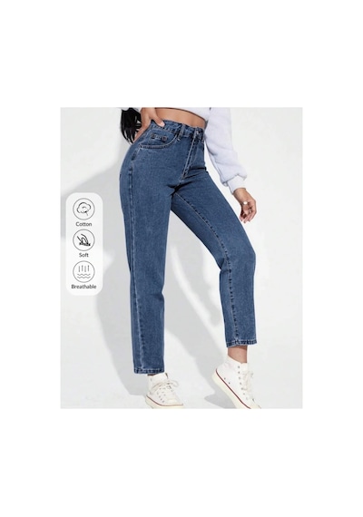 Kene Jeans Yüksek Bel Tam Kalıp Mom Jeans Lacivert