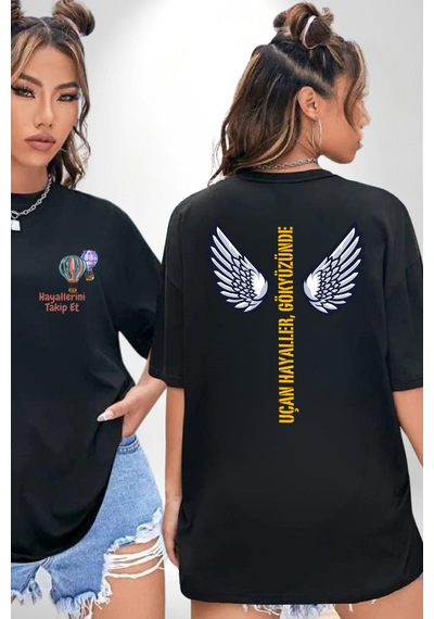 Uçan Hayaller Gökyüzünde Melek Kanatları Siyah Oversize Unisex Ön Ve Sırt Baskılı Tişört Siyah Uçan Hayaller Gökyüzünde Melek Kanatları Siyah Oversize Unisex Ön Ve Sırt Baskılı Tişört Siyah