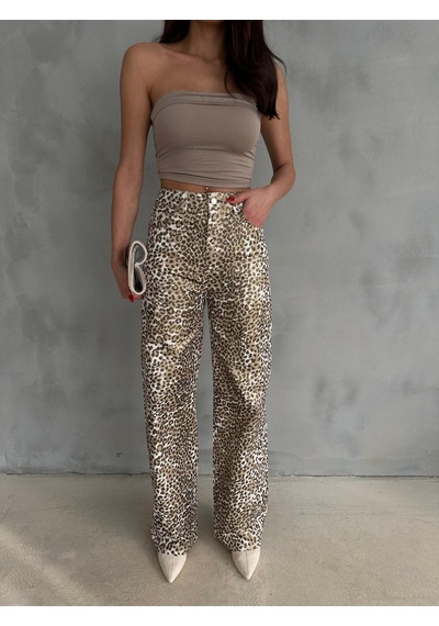 Zeo Basic Gold Leopar Desenli Varak Baskılı Geniş Paça Pantolon Gold-leopar
