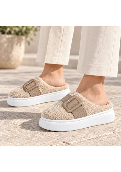 Erma Soft Buckle Kadın Peluş Tokalı Kapalı Burun Platform Terlik Kahverengi