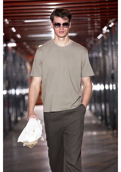 Grımelange Jett Erkek Oversize Fit %100 Organik Pamuk Kalın Dokulu Bisiklet Yakalı Koyu Haki T-shirt