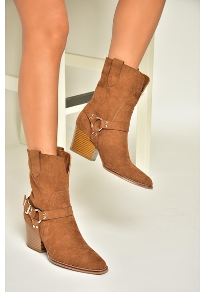 Fox Shoes T296094002 Taba Süet Kovboy Model Kalın Tabanlı Kadın Bot Taba-Süet Taba