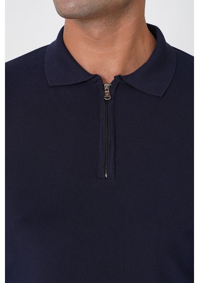 Slim Fit Esnek Pamuklu Fermuarlı Polo Yaka Lacivert Triko Tr 902