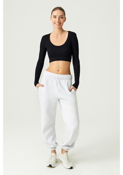 Los Ojos X Melodi Siyah Pamuklu Fitilli Uzun Kollu Crop Spor Bluz Long Sleeve Siyah
